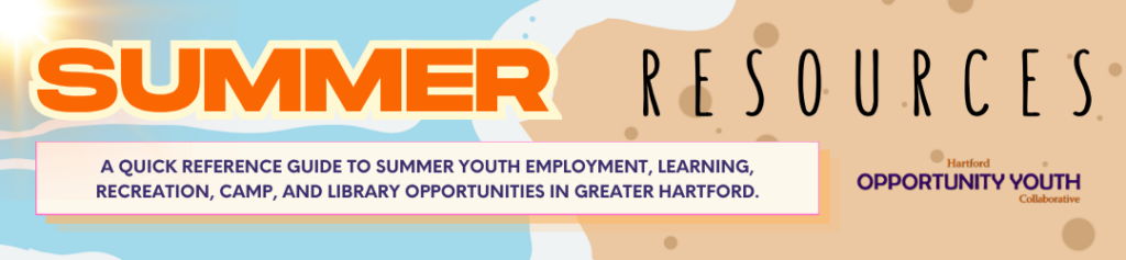 a graphic with a sun bursting over a beach line, with text "Summer Resources" and more